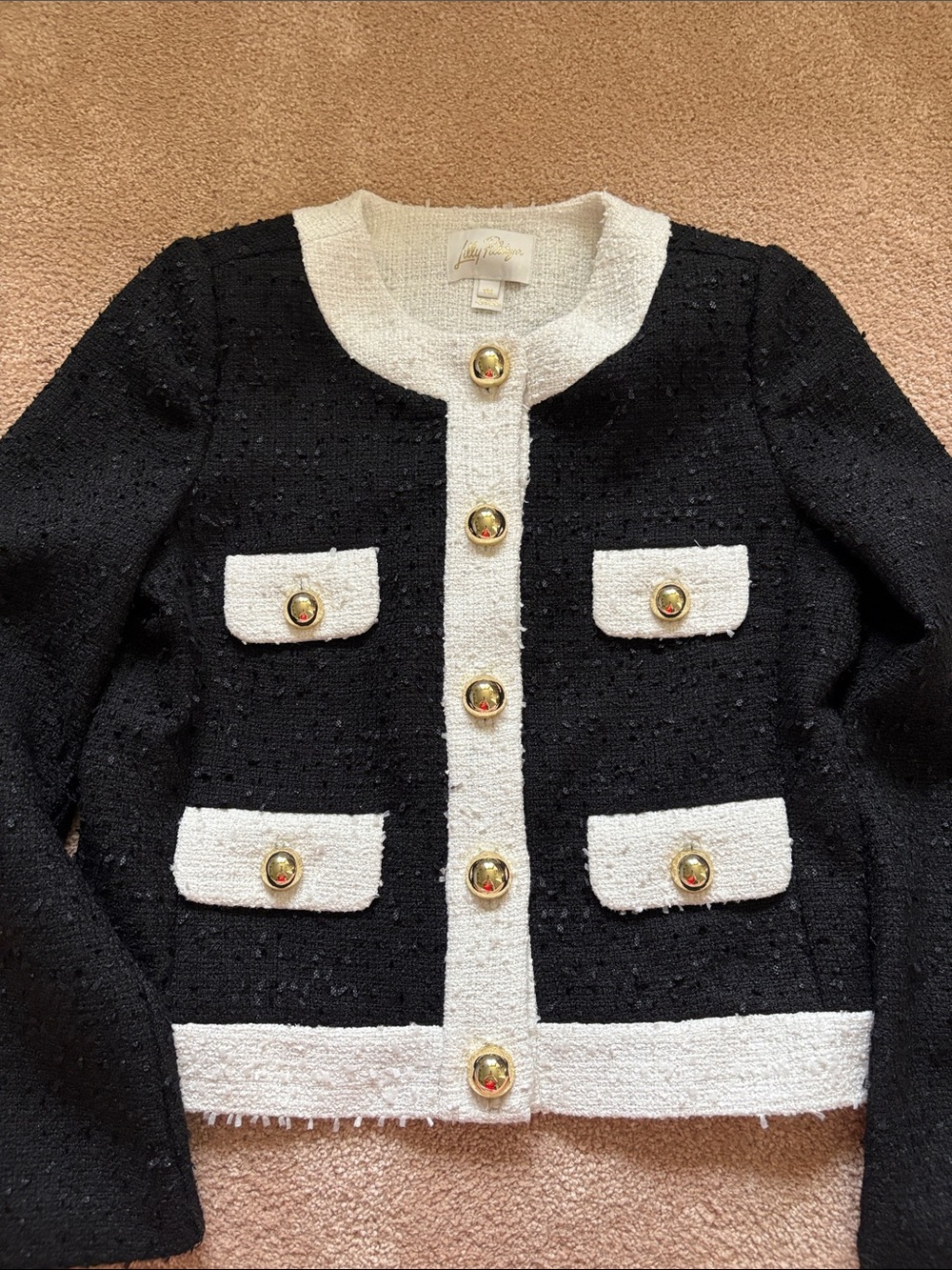 Lilly Pulitzer Black & Cream White Tweed Bouclé Women’s Jacket with Gold Buttons